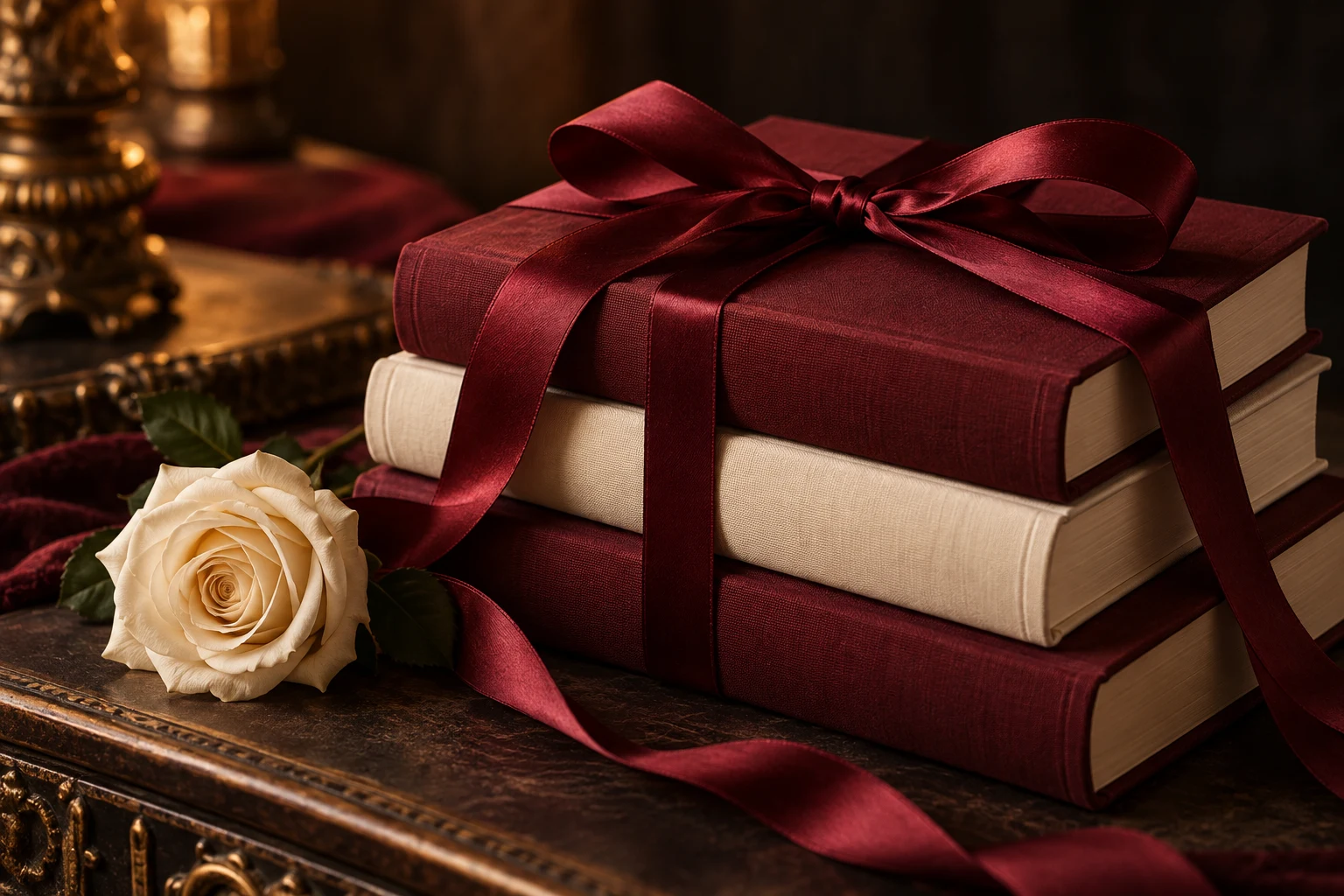 A ribbon-tied book keepsake with an ivory rose